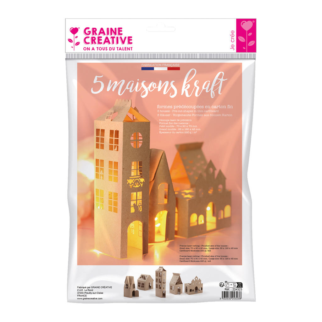 Bastelset Häuser aus Kraftpapier, blanko, 5 Stück