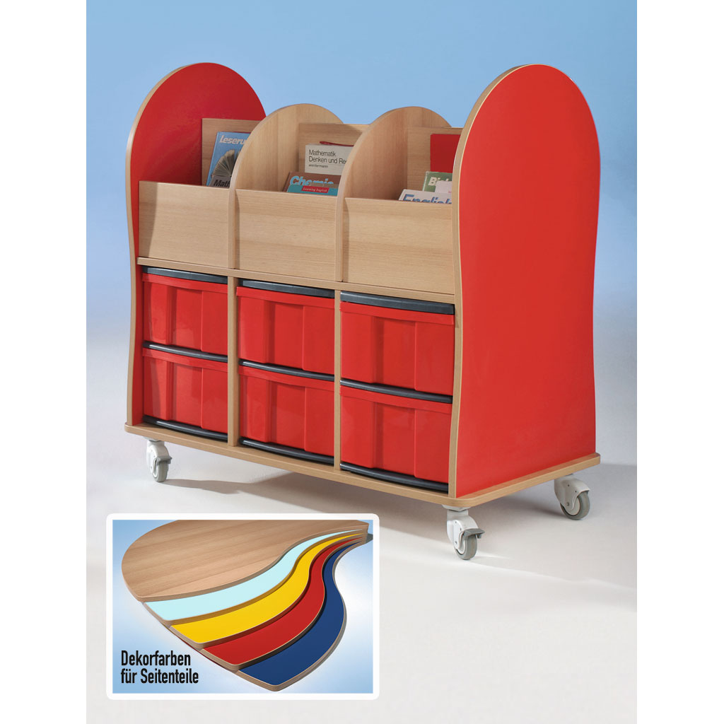 Bücherwagen mit 6 Fächern, 3-reihig