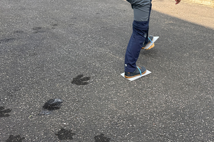 Kind hinterlässt mit Dino-Sandalen Dinosaurier-Fußabdrücke auf dem Asphalt