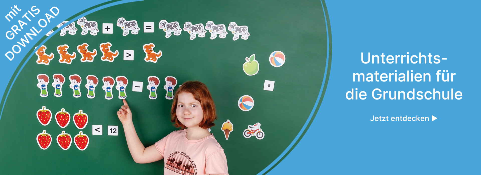 Banner Unterrrichtsmaterialien für die Grundschule Mädchen vor der Tafel mit magnetischen Tafelmaterial