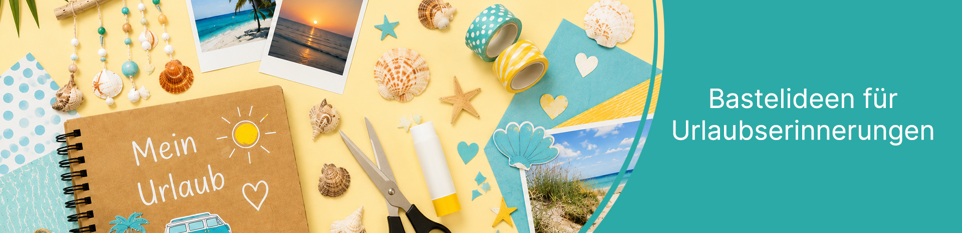 Bastelmaterial und Urlaubserinnerungen mit Fotoalbum, Muscheln und Urlaubsfotos auf gelbem Hintergrund
