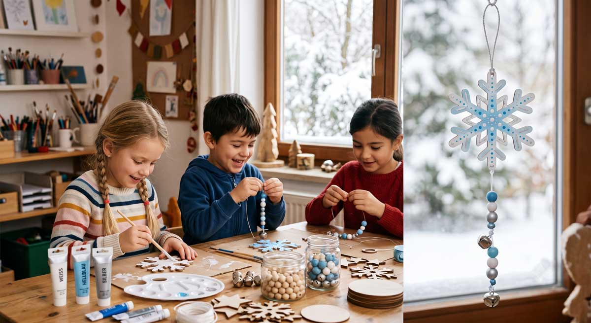 Kinder basteln Klingende Schneeflocken Windspiele