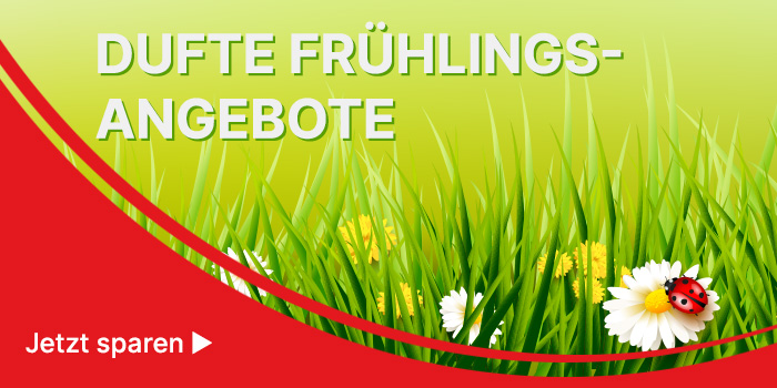 Banner mit Blumenwiese mit Aufschrift „Dufte Frühlingsangebote – jetzt sparen“