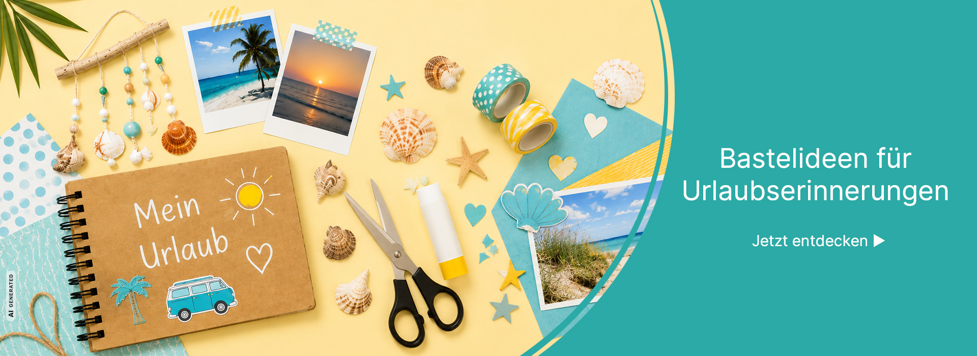 Bastelmaterial und Urlaubserinnerungen mit Fotoalbum, Muscheln und Urlaubsfotos auf gelbem Hintergrund