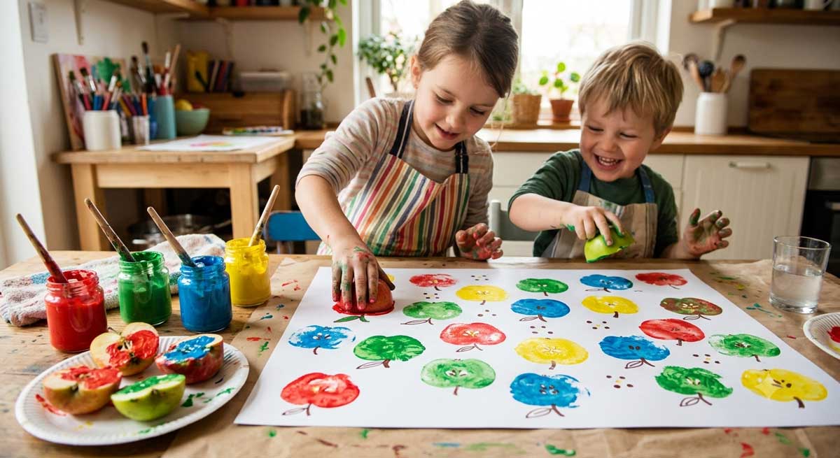 Kinder bedrucken Papier mit einem halben Apfel und Farbe