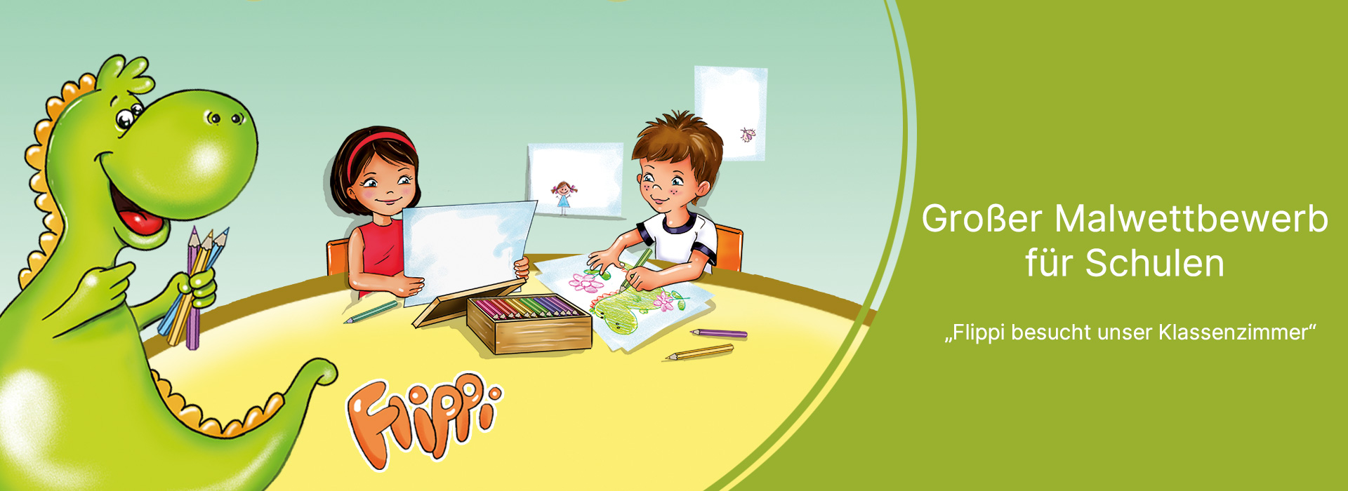 Dino Flippi mit Stiften und gezeichnete Kinder beim Malen am Tisch