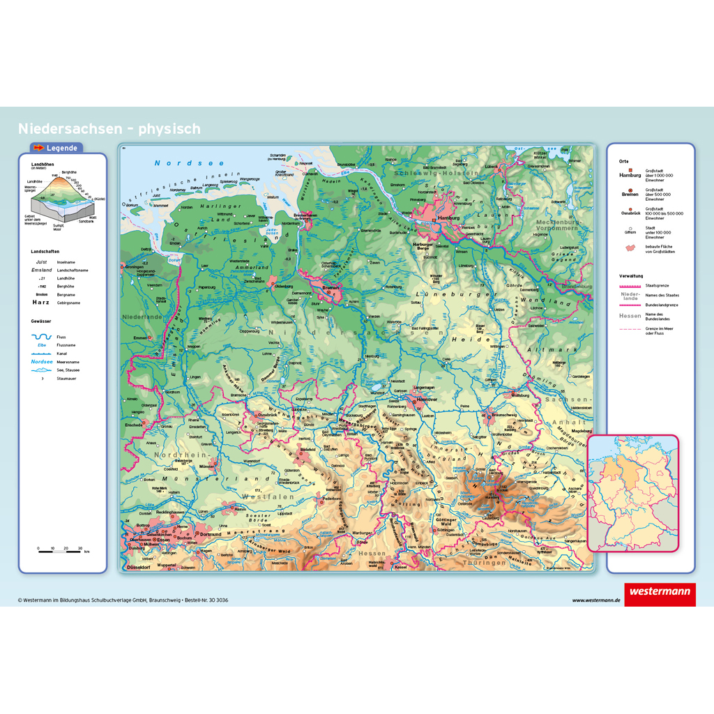 Westermann Posterkarte Niedersachsen, physisch/politisch Westermann Posterkarte Niedersachsen, physisch/politisch