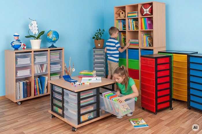 Das Churermodell – Material- und Lernbereiche im Churermodell, Kinder suchen sich Lehrmaterial in Regalen raus