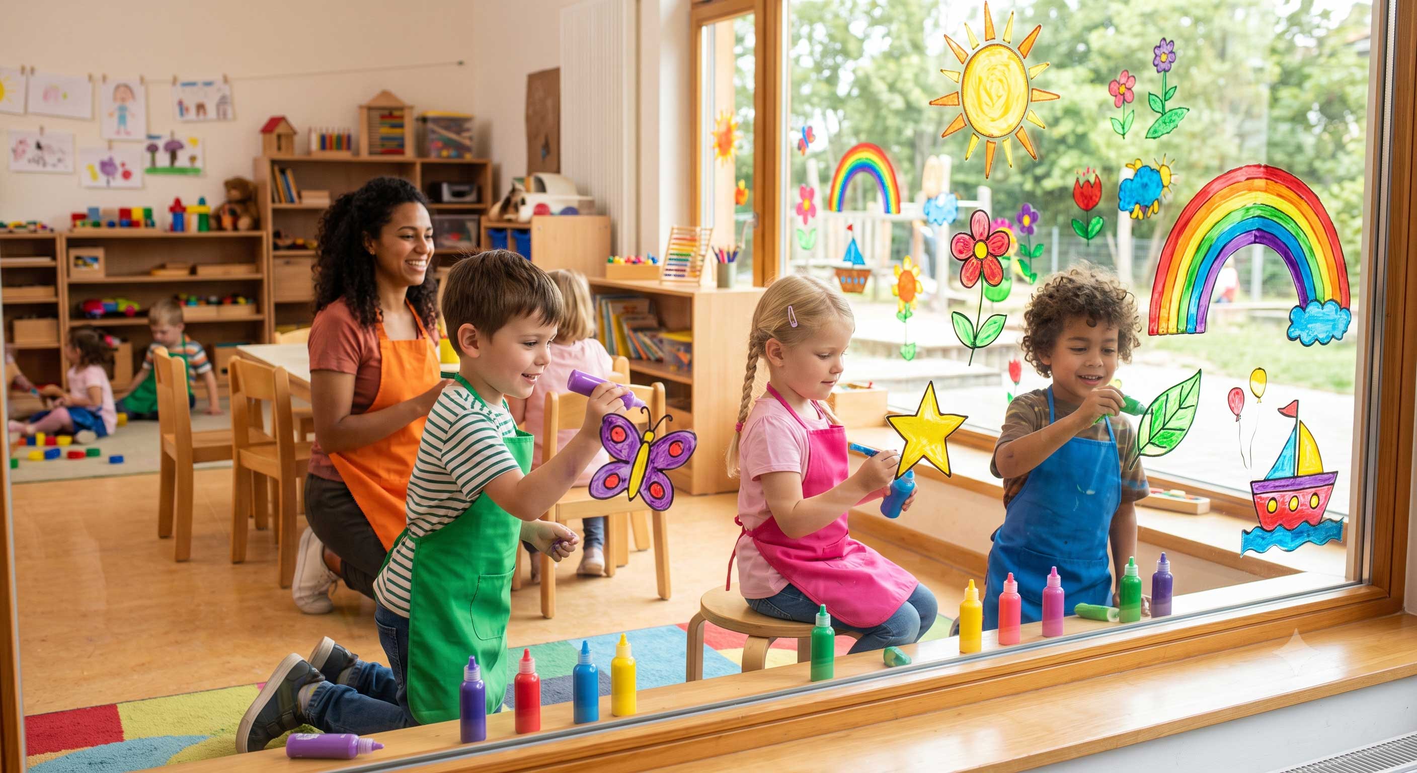 Kinder machen Window Color im Kindergarten