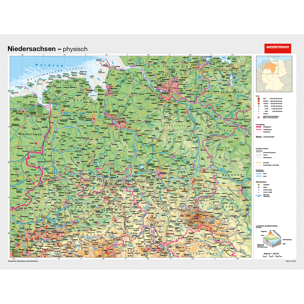 Westermann Wandkarte Niedersachsen physisch/politisch