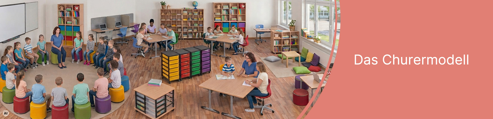 Banner für die Themenwelt – Das Churermodell, Klassenraumgestaltung nach dem Churermodell mit Lehrkraft und Kindern